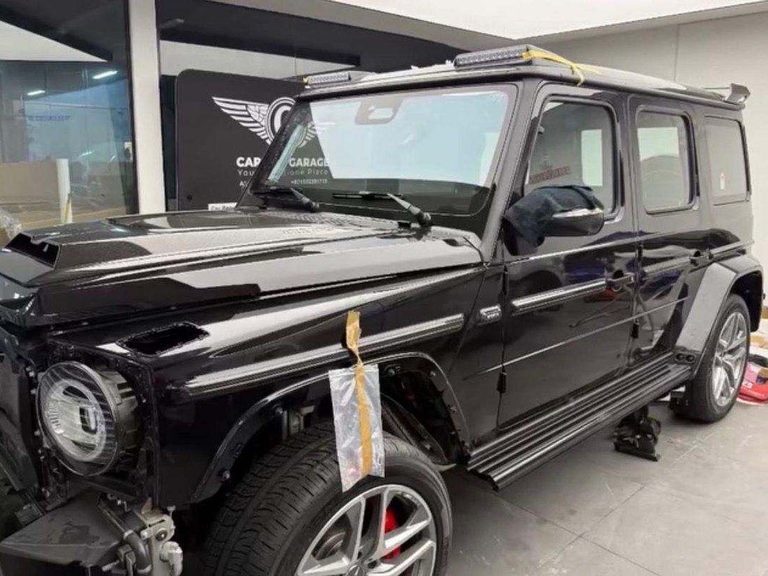 Mercedes-AMG G63 stripped for body-kit fitment inside the Carbon Garage workshop